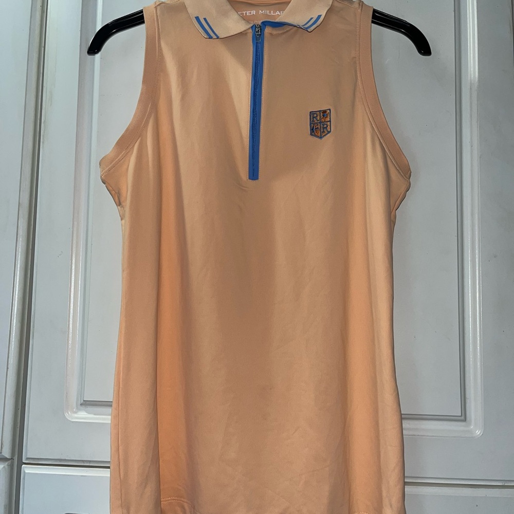 Peter Millar Tan Sleeveless Polo with Blue Accents